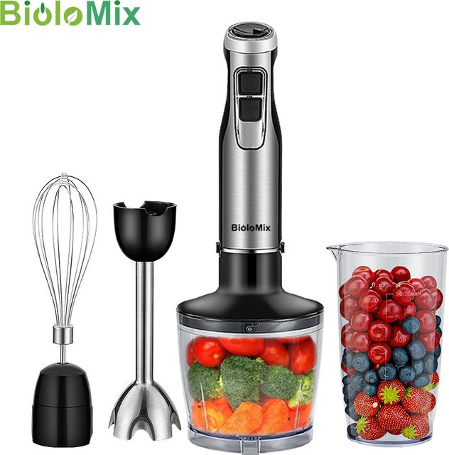 BioloMix 4-in-1-Hochleistungsmixer mit 1200 W in Silber mit Edelstahlklingen, Stabmixer und Zerkleinerer inklusive Smoothie-Becher - Bild 1