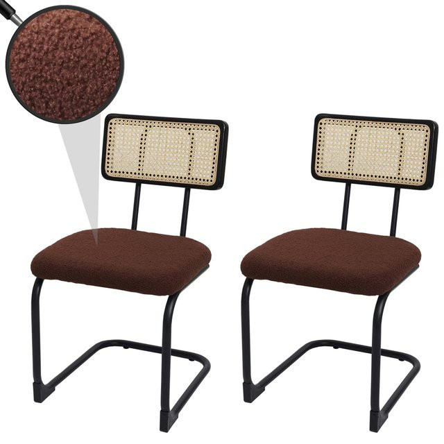 2er-Set Freischwinger-Stühle MCW-K88 aus Holz und Rattan mit Bouclé-Stoff in Braun - Bild 1