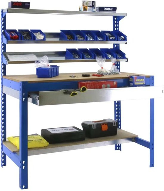 PROREGAL Werkbank Buffalo mit Frontablage und Schubfach, Blau, H x B x T: 84 x 120 x 61 cm, Traglast 600 kg - Bild 1