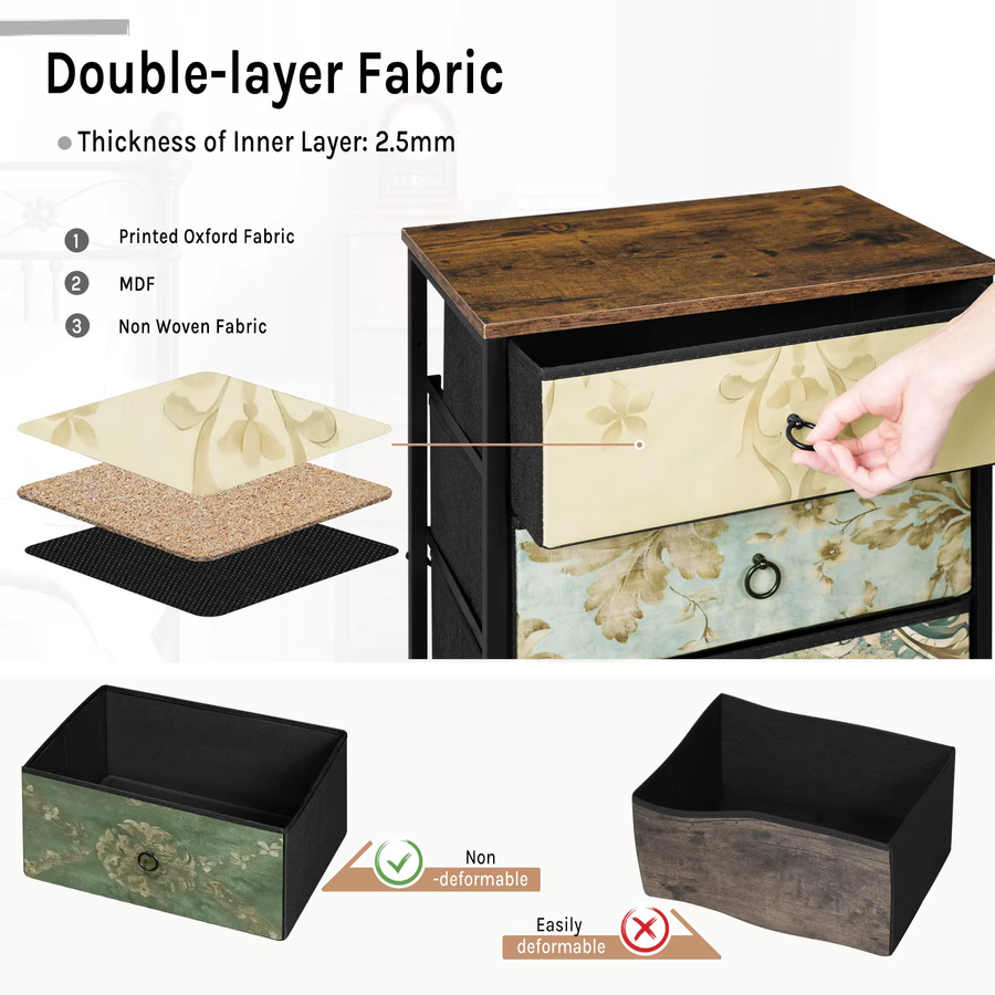 WOLTU Stoffkommode mit 5 Schubladen im Vintage-Design, Multicolour, floraler Aufbewahrungsorganisator für Flur und Küche - Bild 4