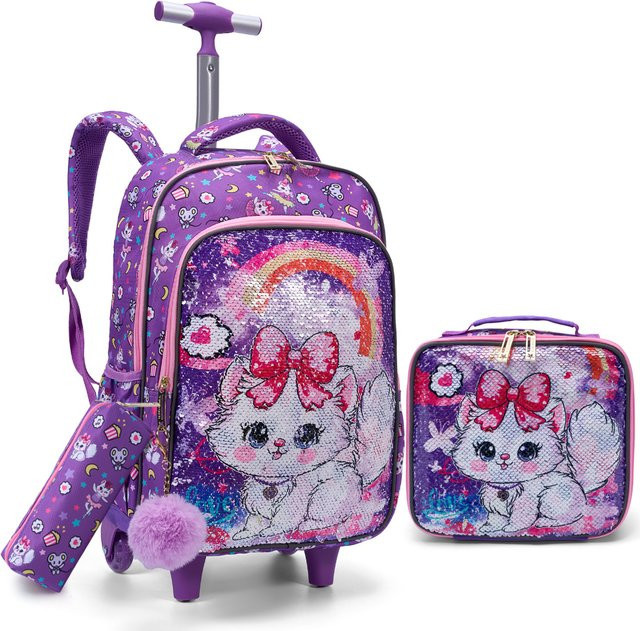 BLING BABIES 3-teiliges Rollrucksack-Set für Mädchen mit Cartoon-Kätzchen-Design und Pailletten in Lila und Rot inklusive Lunchbox und Stiftetasche - Bild 1