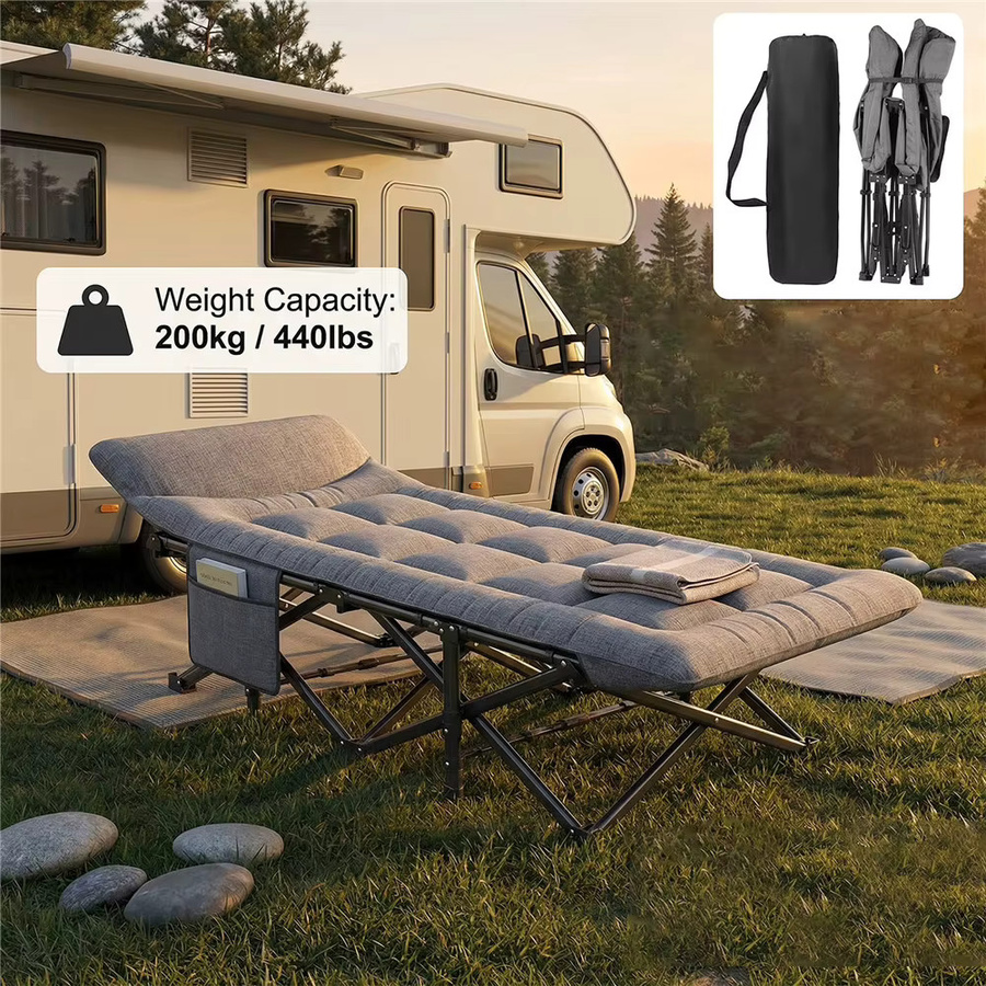 HGTUGO Klappbares Campingbett Grau mit Kissen und Seitentaschen, Tragbares Outdoor-Campingbett für Erwachsene mit 200 kg Tragkraft - Bild 5