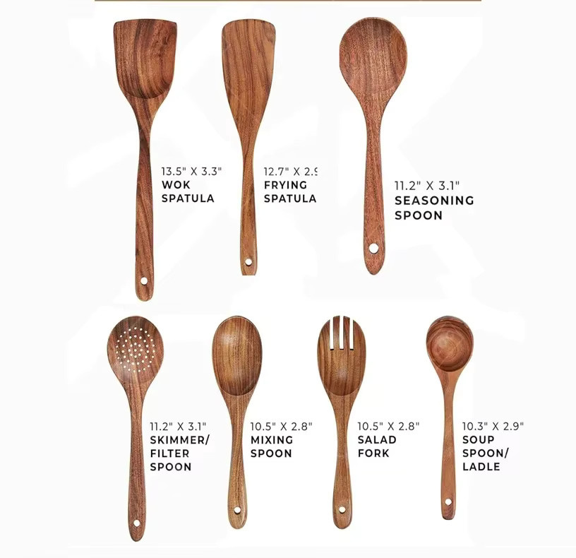 WXCOO Küchenlöffel-Set aus natürlichem Teakholz in Braun, ideal für antihaftbeschichtete Pfannen - Bild 4