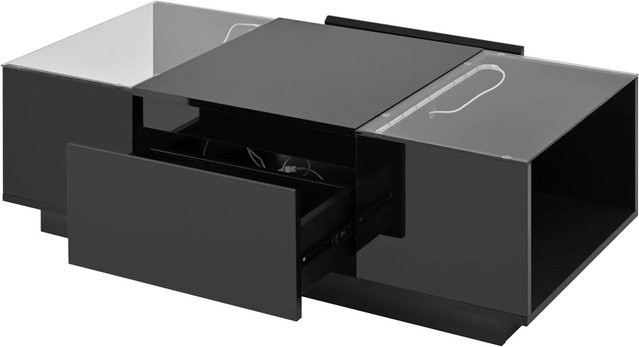 okwish Couchtisch mit LED und Glasplatte in Schwarz, Wohnzimmertisch mit 2 Schubladen, B: 105 cm, T: 50 cm, H: 35 cm - Bild 1