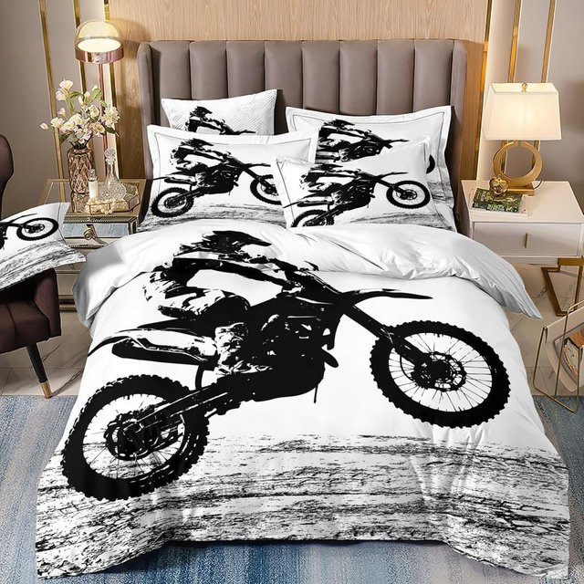Bettwäsche-Set Binchi Fitness mit Motorrad 3D Offroad Print für Kinder und Teenager, 2-teilig, Farbe: Weiß, B/H: 90 x 200 cm - Bild 1