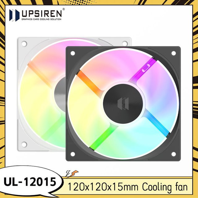 UPSIREN UL-12015 Gehäuselüfter 12 cm, 12 V, 4 PIN PWM/5 V 3 PIN ARGB, 800–2400 U/min, Weiß/Schwarz, Dicke: 1,5 cm - Bild 1