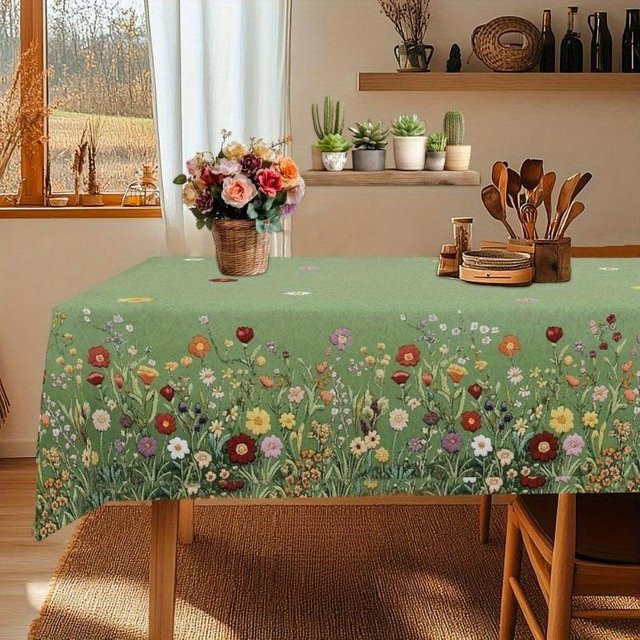 JINGYUE Pet Tischdecke mit floralem Frühlings-Aquarellblumen-Print in Grün, rechteckig, Breite: 140 cm, Länge: 300 cm - Bild 1