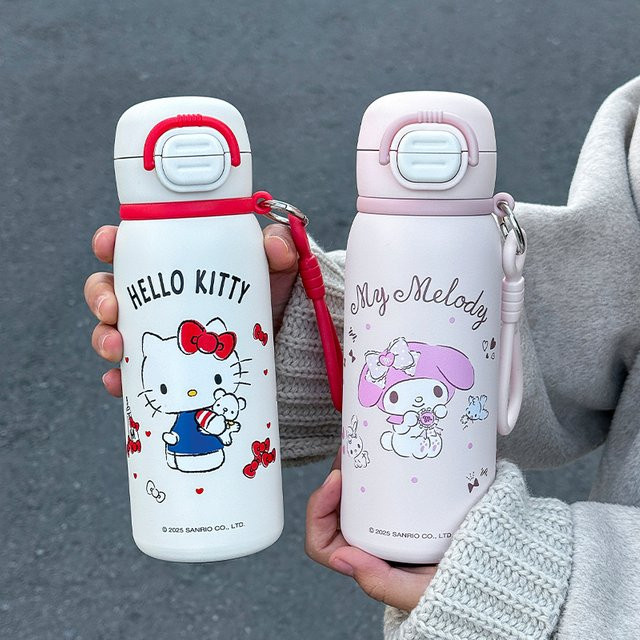Sanrio HelloKitty Edelstahl-Thermosflasche mit zwei Trinkmodi und Tragegriff, Lila/Weiß, 500 ml - Bild 1