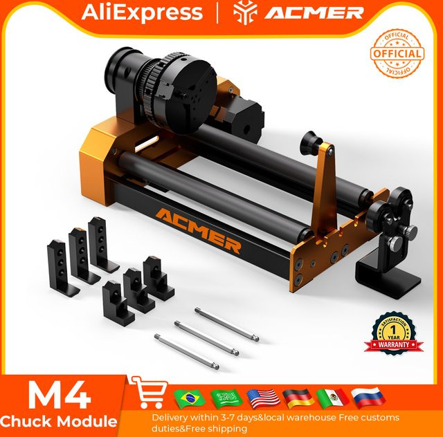 ACMER M4 Chuck-Modul 4-in-1 Rotationsmodul mit 360 Grad Rotation für die Gravur von zylindrischen Objekten wie Flaschen, Dosen, Kugeln und Ringen - Bild 1