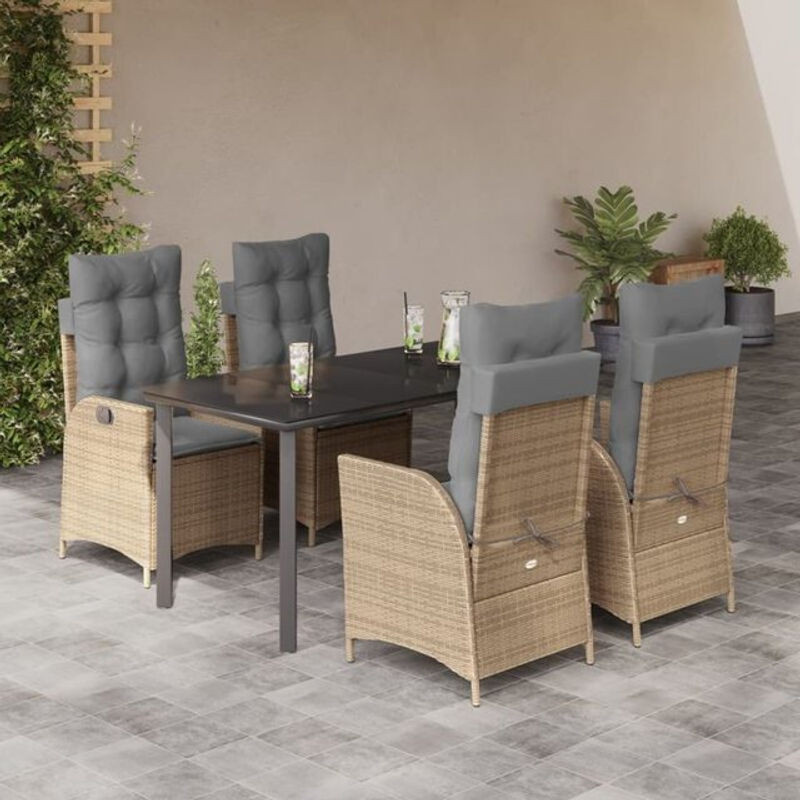 Vidaxl 5-teilige moderne Garten-Essgruppe aus Poly-Rattan mit Kissen in Beige und Glasplatte - Bild 1