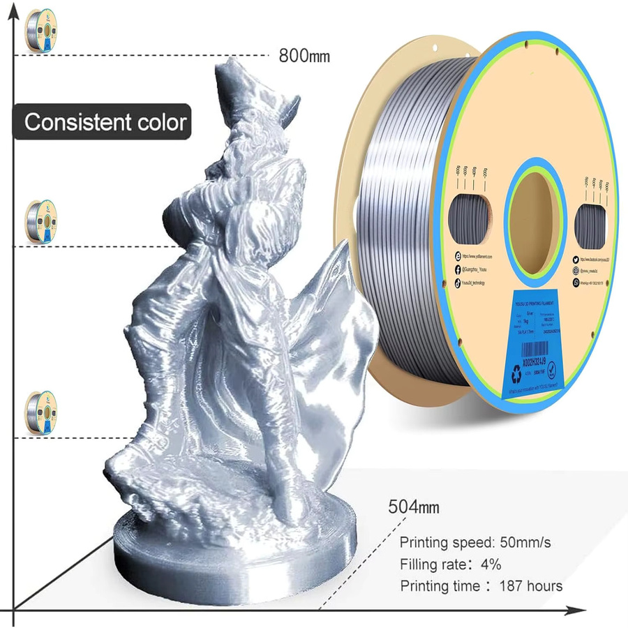 MANLANG PLA Filament Silber, 1,75 mm Durchmesser, 250 g Spule für FDM 3D-Drucker - Bild 2