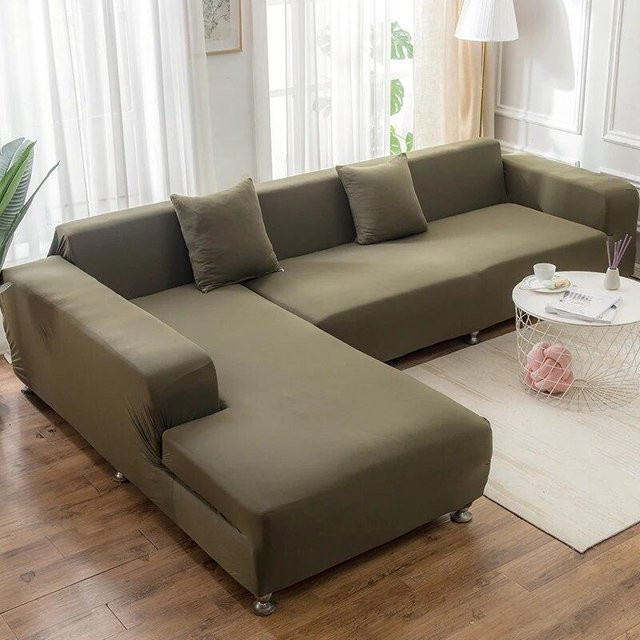Einfarbiger Sofabezug für L-förmige Eckcouches von Your Warm Home in Grün, elastischer Schonbezug aus Polyester-Elastan-Mix, XL (Breite: 300 cm) - Bild 1