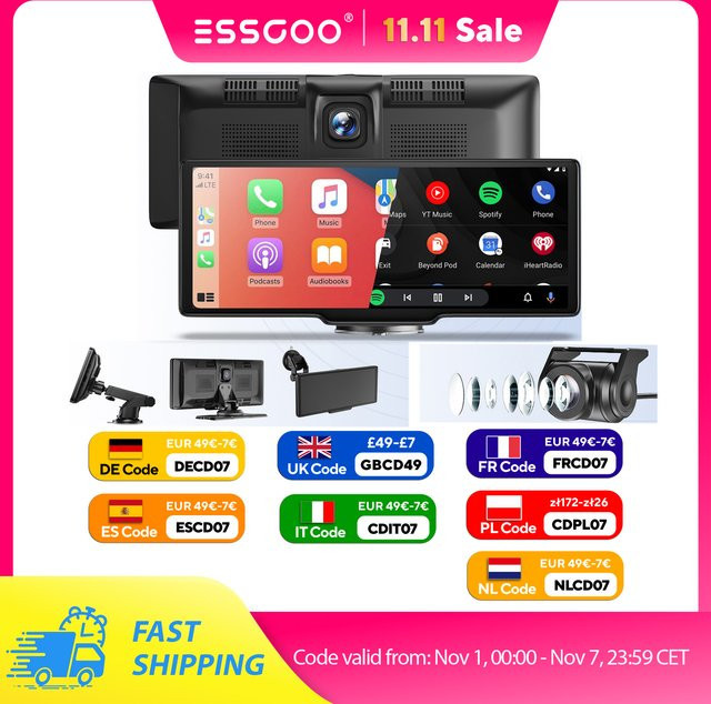 ESSGOO Kabellose Dashcam mit 10,26 Zoll HD Touchscreen, 4K UHD Dual-Objektiv Videorekorder mit Apple CarPlay, Android Auto, WiFi, Bluetooth und Sprachsteuerung, Schwarz - Bild 1
