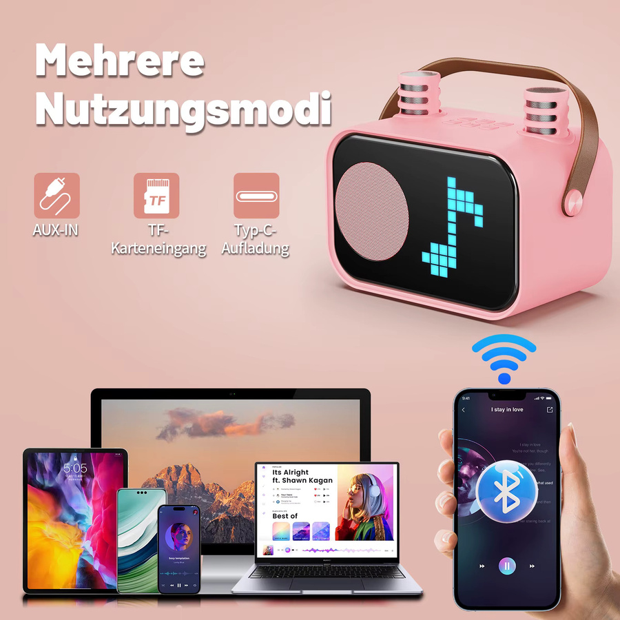 FanFun D58 Karaoke-Maschine in Pink mit 2 kabellosen Mikrofonen und Bluetooth-Funktion für Kinder und Erwachsene - Bild 4