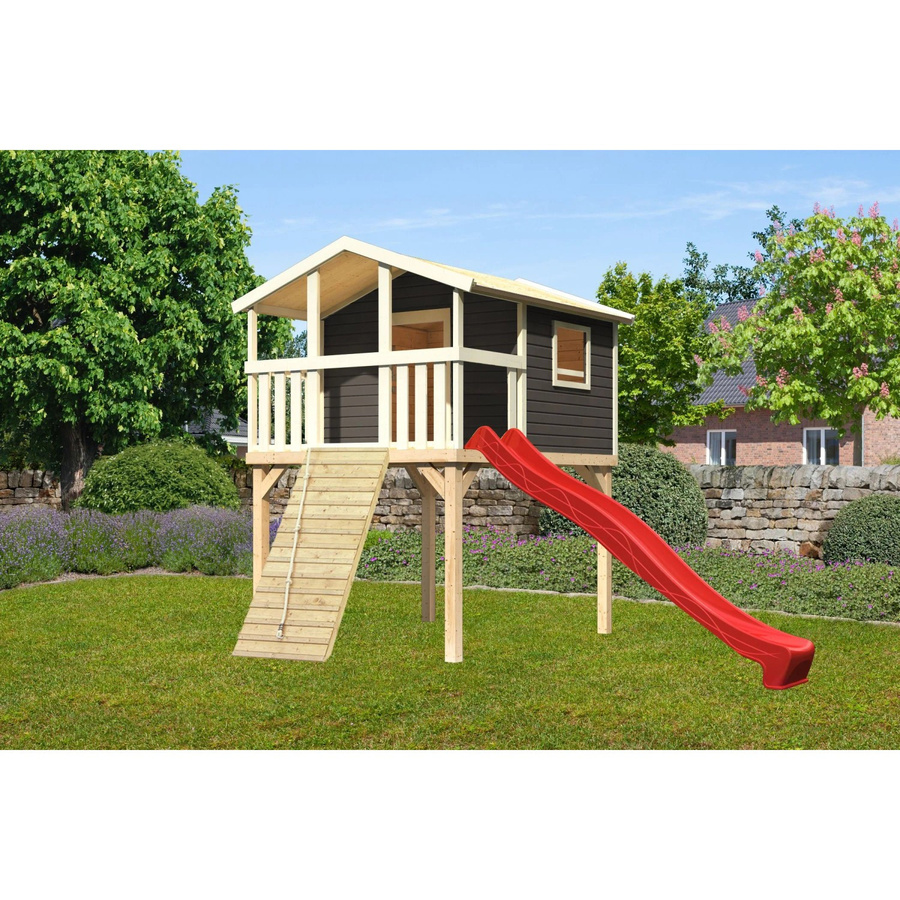 Karibu Stelzenhaus Benjamin Set in Terragrau mit Holzrampe und Rutsche, B/H/T: 198 x 309 x 244 cm - Bild 2