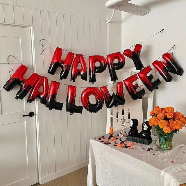 BALONAQ Happy Halloween Party Dekoration Set mit 14 Buchstaben in Schwarz, Orange und Silber zur Wandgestaltung - Bild 1