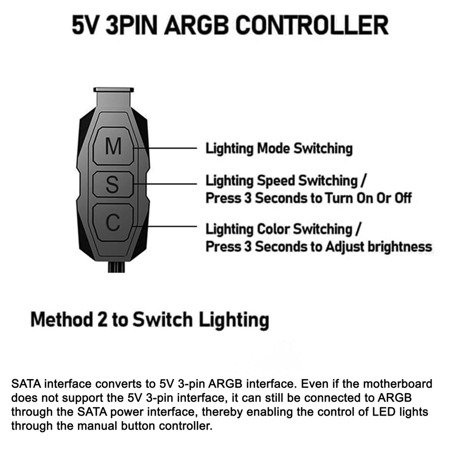 AuyiHomu ARGB LED-Steuerbox mit SATA-Stromversorgung und M/S/C-Tasten für PC, Schwarz - Bild 2