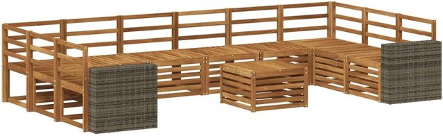 vidaXL Outdoor-Sofagarnitur aus Massivholz Akazie in Natur Braun, 11-teiliges Set im U-Shape mit Latten-Design - Bild 1