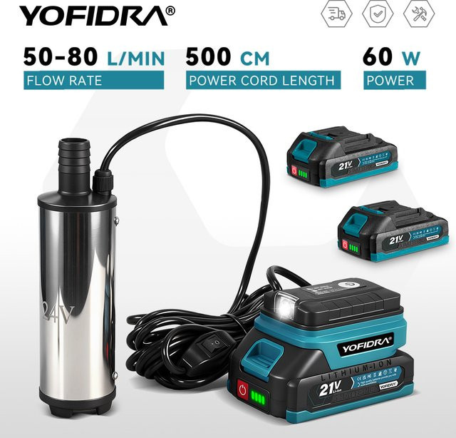 YOFIDRA elektrische Tauchpumpe für Makita 18V Akku, kabellose Abwasserpumpe mit 50–80 l/min, Farbe: Silber - Bild 1