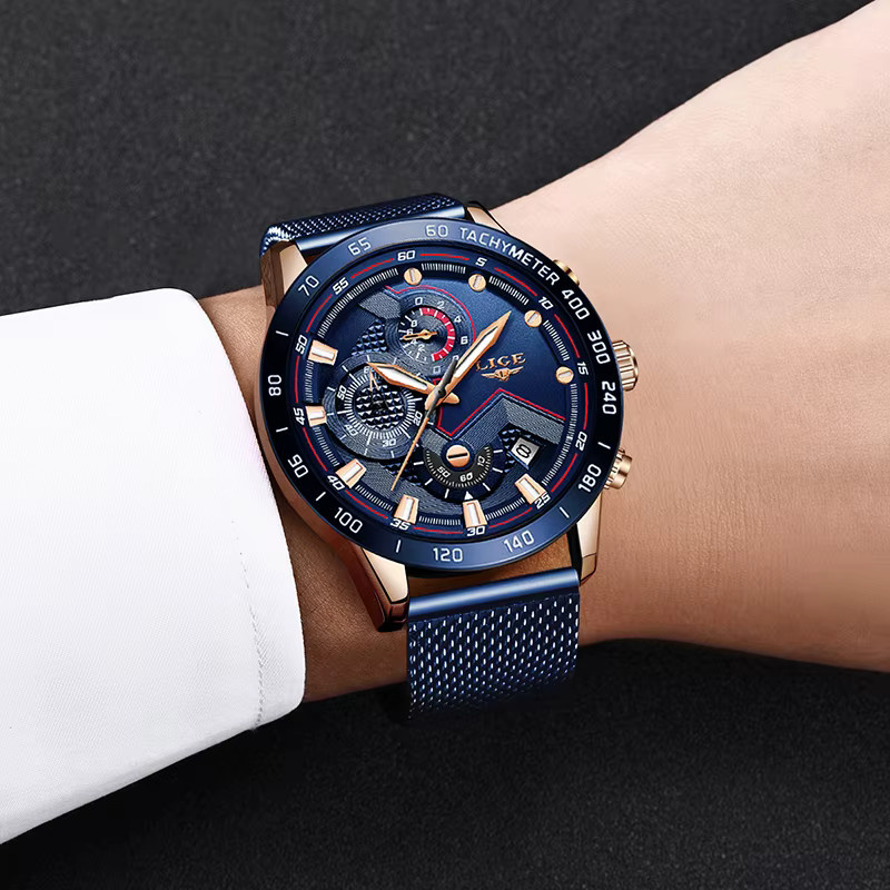 LIGE Chronograph Armbanduhr, Quarz, Edelstahl, Roségold, Blau, Herren - Bild 5