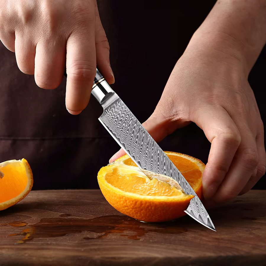 Xituo Profi-Küchenmesser aus silberfarbenem VG10-Damaststahl mit ergonomischem Holzgriff, Klingenlänge: 12,7 cm - Bild 5