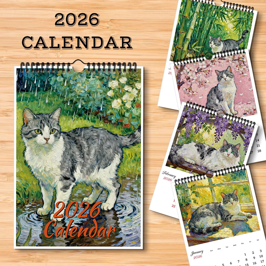 A4 Wandkalender 2026 mit Katzenölgemälde-Design, Mehrfarbig - Bild 3