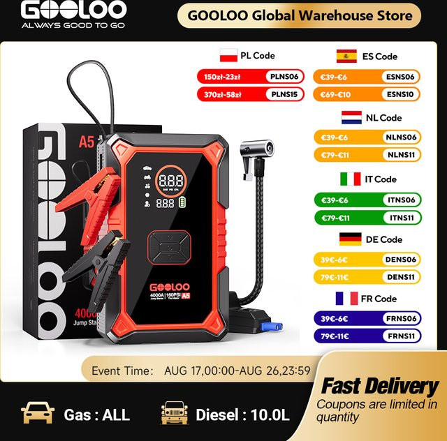 GOOLOO A5 Tragbare Auto-Starthilfe-Powerbank mit 160PSI Luftpumpe und 4000A Batterie-Booster für 12V Fahrzeuge in Schwarz - Bild 1