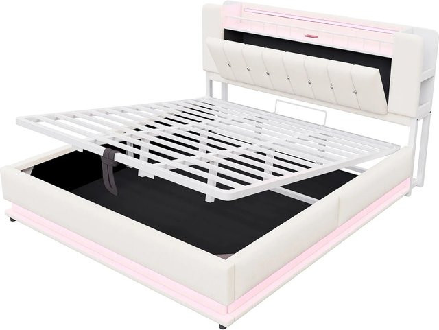 okwish Kinderbett mit LED-Beleuchtung und USB-Ladeport in Beige, modernes Jugendbett mit Stauraum und Lift-up-Funktion, B/T/H: 180 x 200 x 59 cm (ohne Matratze) - Bild 1