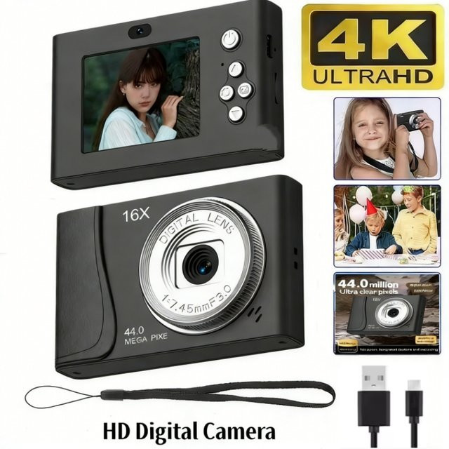 4K-Digitalkamera mit 24 Megapixeln und 16-fachem Zoom, kompakter Camcorder mit Autofokus für Kinder, Anfänger und Erwachsene in Blau oder Schwarz - Bild 1