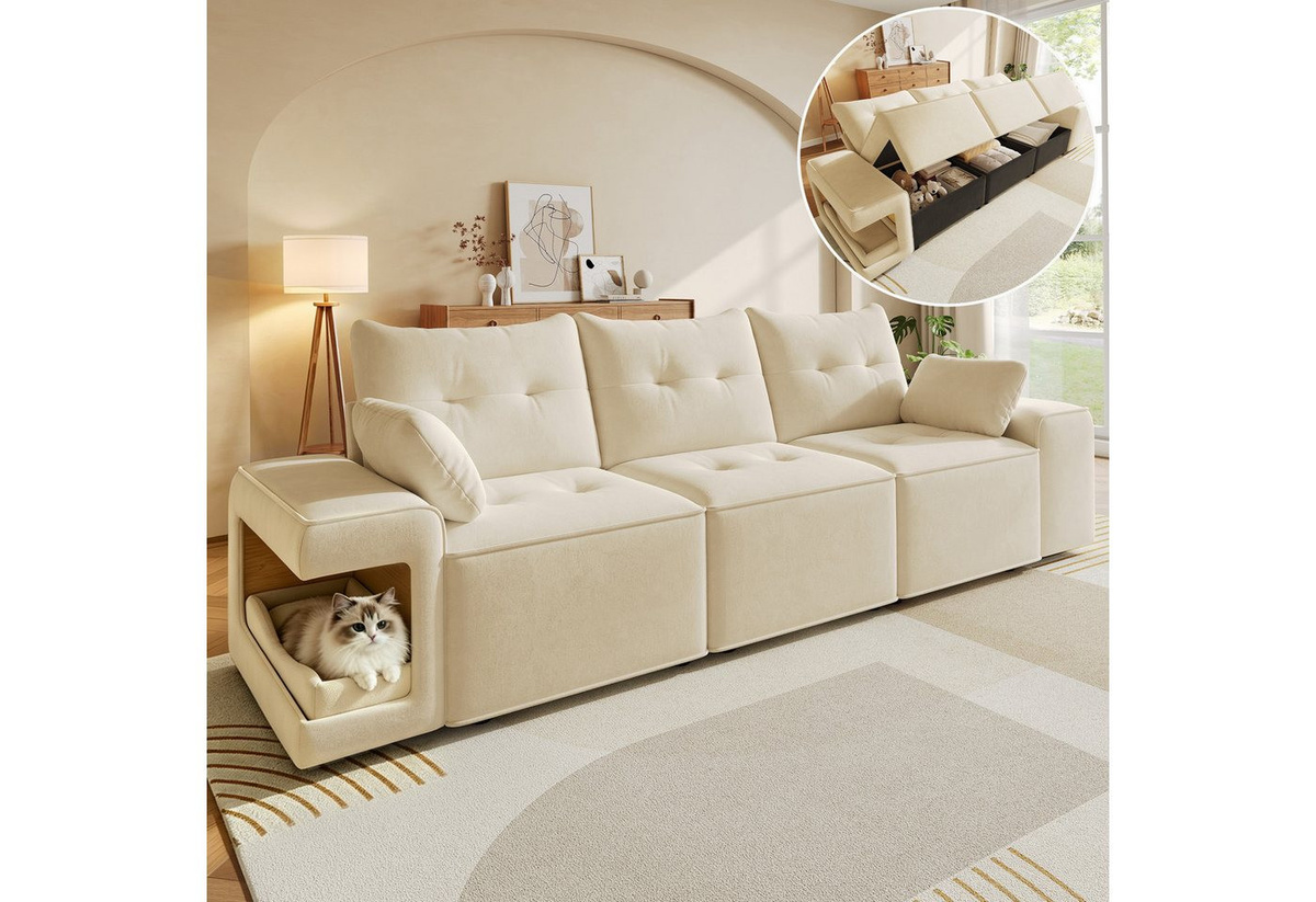 Flieks 3-Sitzer modulares Schlafsofa mit Stauraum und gepolstertem Haustierbereich aus Samtstoff in Beige, B/T/H: 229,5 x 78 x 84 cm, inklusive 2 Zierkissen - Bild 1
