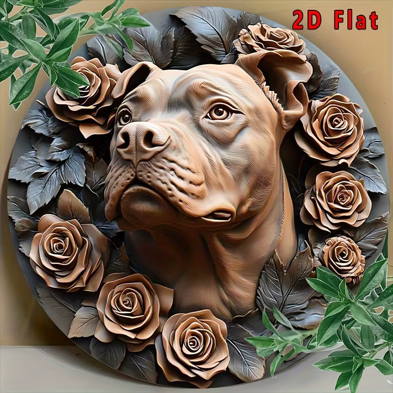 Potdemiel Wandkunst Pitbull mit Rosen, runde Metall-Dekoration für den Tisch, Durchmesser: 20 cm - Bild 3