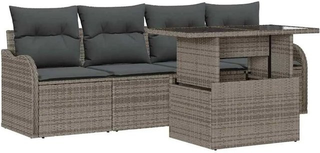 vidaXL Garten-Sofa-Set 5-tlg. in Grau mit Kissen und Couchtisch aus Poly-Rattan und Metall - Bild 1