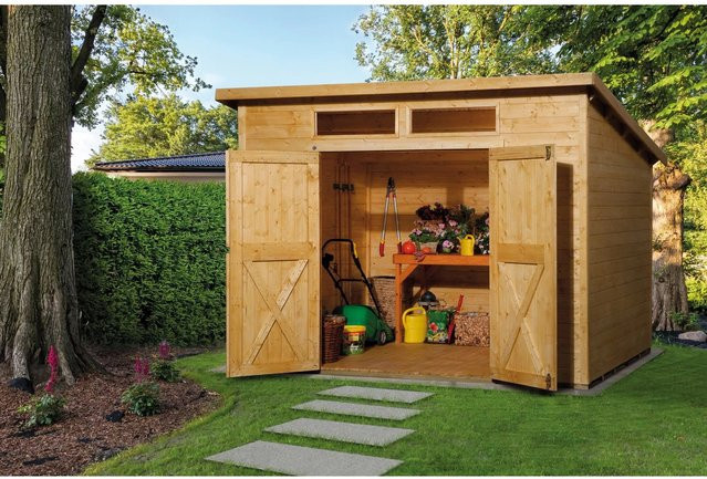 WEKA Gartenhaus 325 A Gr.2 aus Holz mit Pultdach in Beige und Eiche Hell, B/H/T: 323 x 235 x 293 cm - Bild 1