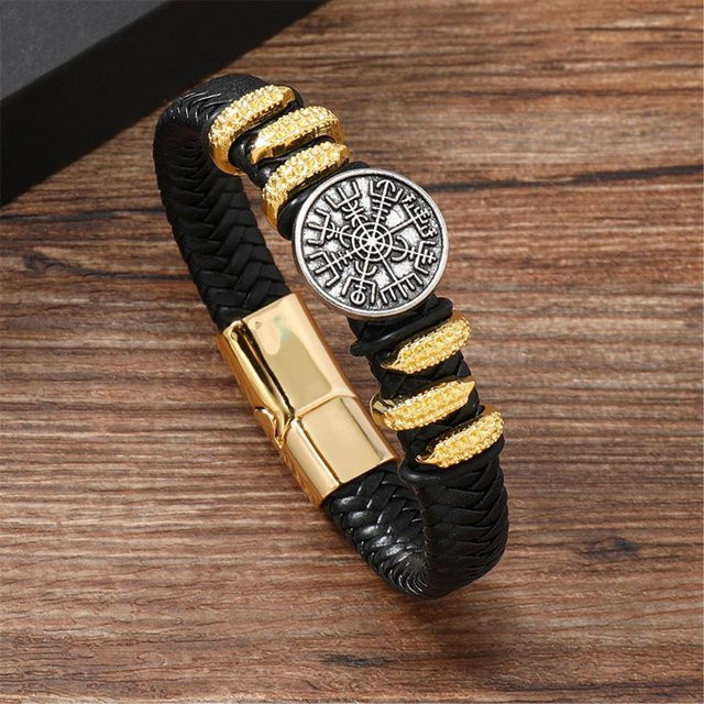 Lederarmband, geflochtenes PU-Leder, Kompass Anhänger, Herren, beige - Bild 1