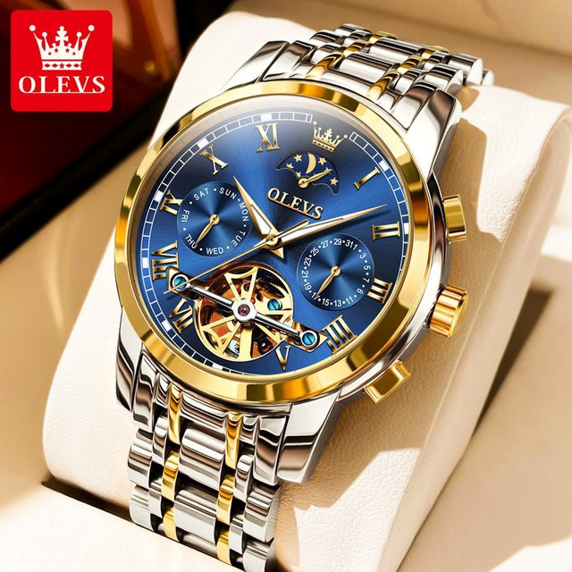 OLEVS Herrenarmbanduhr, Automatik, Mondphase, Edelstahl, Blau, Herren - Bild 1
