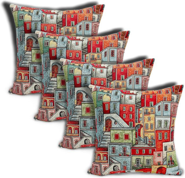 Linke Licardo Kissenhülle Häuser 4er-Set, Mehrfarbig, Baumwolle, B/T/H: 50 x 50 x 50 cm - Bild 1