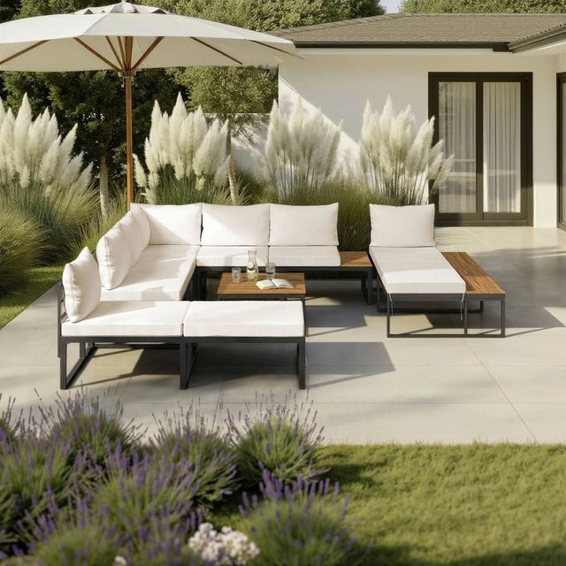 Bessagi Garden Loungegarnitur Adriano L-Form in Creme mit Akazie und Metall sowie Outdoor-Cushions - Bild 1