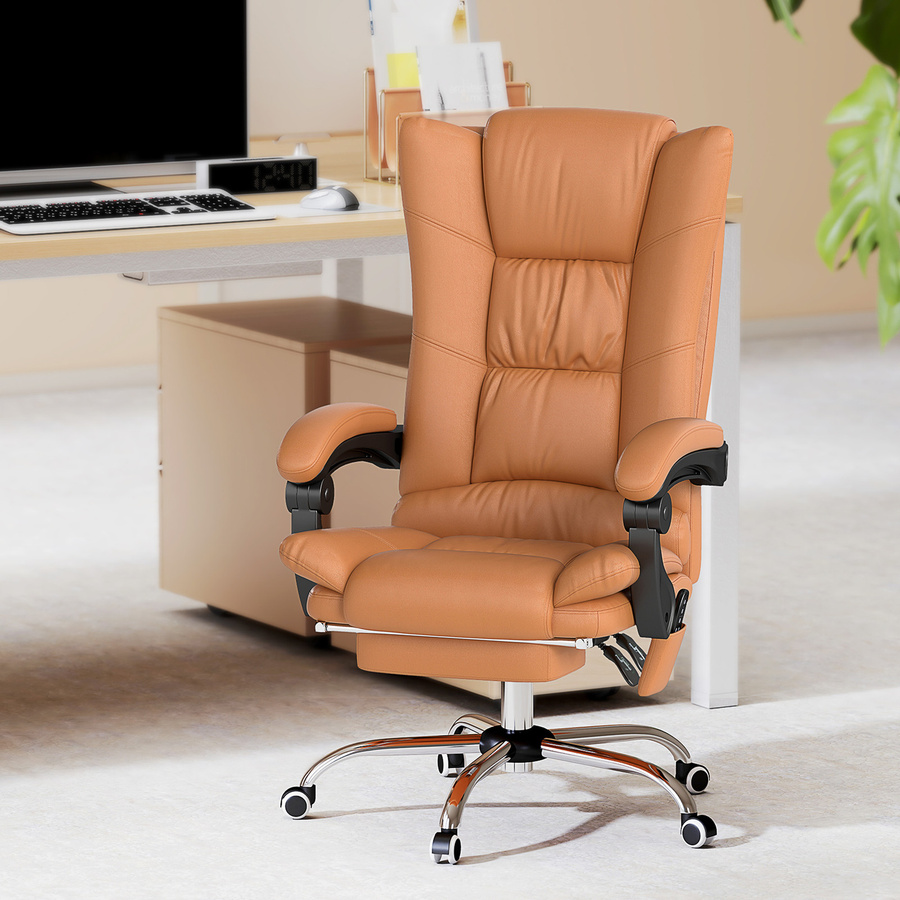 Vinsetto Ergonomischer Chefsessel mit Vibrationsmassage und Lendenwärmer, Bürostuhl mit Liegefunktion, Fußstütze und Seitentasche, Hellbraun - Bild 2