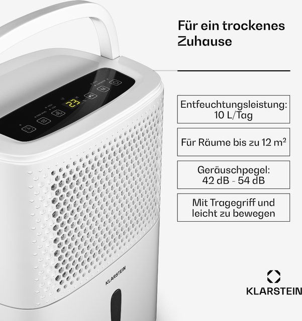 Klarstein DryFy Luftentfeuchter Weiß mit 10 l/Tag Entfeuchtungsleistung, Timer und Wassertank für bis zu 12 m² - Bild 1
