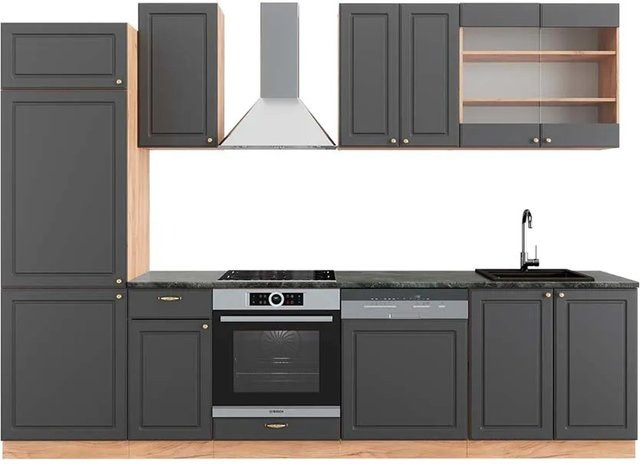 Vicco Fame-Line Küchenzeile Landhausstil in Anthrazit und Eiche mit Soft-Close-Türen, Breite: 300 cm - Bild 1