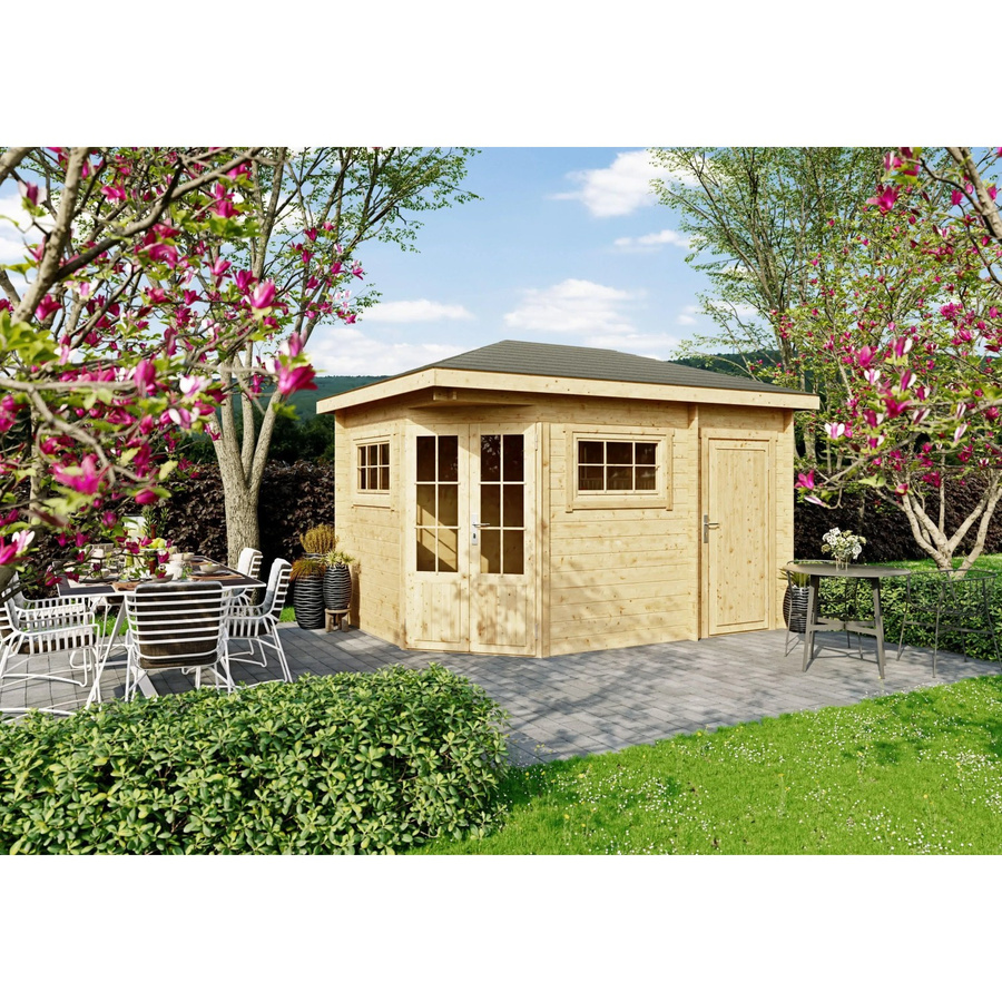 Fjordholz Gartenhaus Evelyn 2D als 5-Eck Blockhaus in Braun mit Walmdach und Fenstern - Bild 2