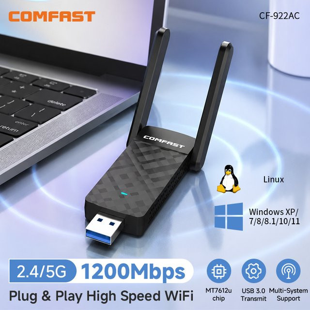 COMFAST USB WiFi Adapter MT7612U Dual Band 1200Mbps Wireless Dongle in Schwarz - Bild 1