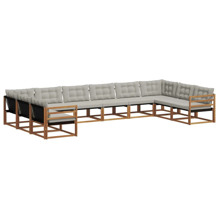vidaXL Outdoor-Sofagarnitur aus Akazienholz in U-Form, 10-teiliges Set mit Kissen in Natur und Hellgrau - Bild 2