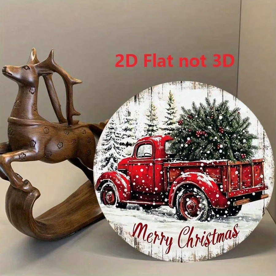 Rundes Vintage-Aluminiumschild von CIFBUY mit rotem LKW und Weihnachtsbaum als rustikale Dekoration, Durchmesser: 20,3 cm - Bild 4