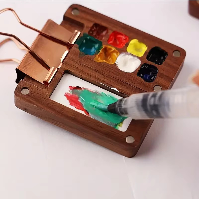 Professionelles Pocket Artist Aquarell-Set aus Holz in Braun mit 9-teiliger magnetischer Palettenschachtel, 6 Pinseln, Clip und Skizzenbuch - Bild 3