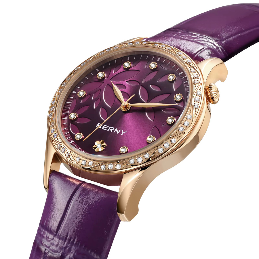 BERNY Armbanduhr Quarz, Roségoldgehäuse, lila, Diamant, Zirkonia, Leder, Damen - Bild 2