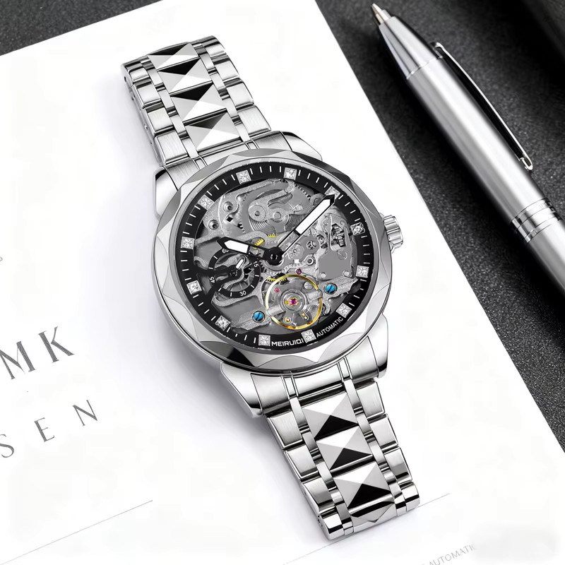 MEIRUIQI Armbanduhr Automatik, Edelstahl, Silber, Schwarz, Herren - Bild 3