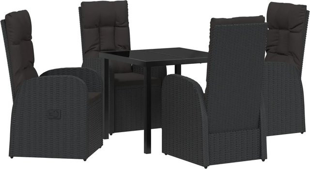 vidaXL Garten Essgruppe aus Poly Rattan und Glas in Schwarz, 5-teiliges Set mit Kissen für Terrasse und Außenbereich - Bild 1