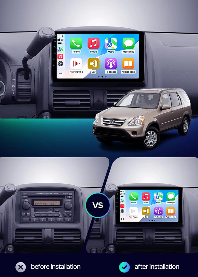 TIEYEZ Android 16 Auto-Multimedia-Videoplayer für Honda CR-V CRV 2 (2001 - 2006) mit Carplay, GPS, QLED Display und 360 Kamera, Schwarz - Bild 2