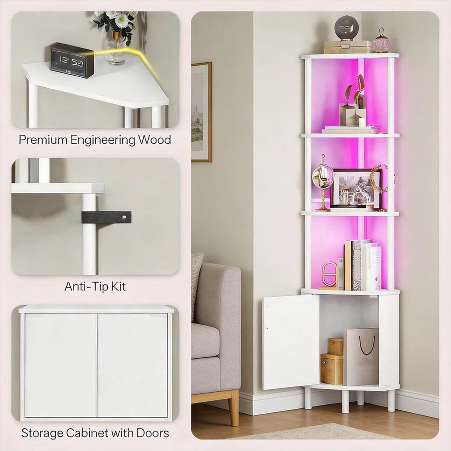 Modernes Eck-Bücherregal von HiMISS in Weiß mit integrierter LED-Beleuchtung für Wohnzimmer, Schlafzimmer oder Badezimmer - Bild 3